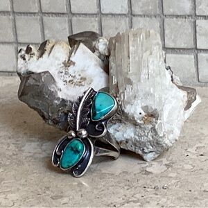 VINTAGE STERLING SILVER 925 NAVEJO SOUTHWEST 2 STONE TURQUOISE RING SIZE 9